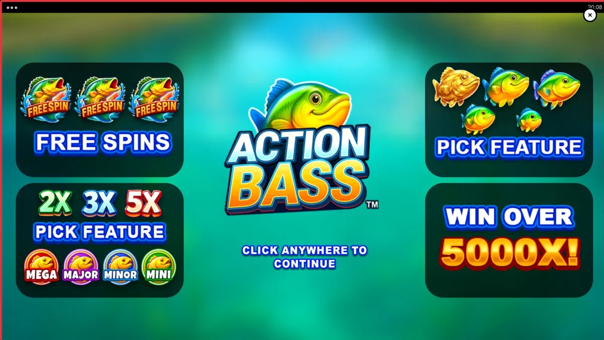Action Bass slot machine interface na may temang pangingisda